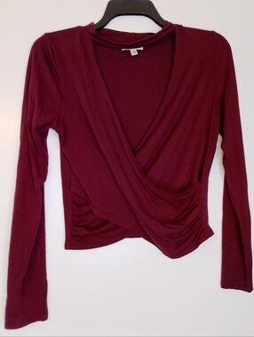 Earthbound Women's Wrap Front Long Sleeve Crop Top - Burgundy
